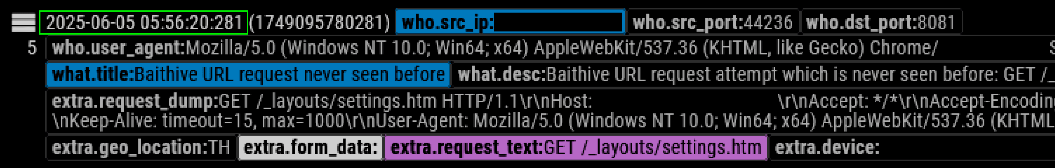 Nothreat CyberEcho detection log from June 5, 2025 showing first reconnaissance attempt flagged as never-seen-before URL request from Thailand-based IP targeting SharePoint layout paths